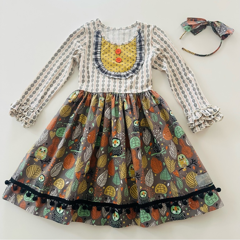Eleanor Rose Girls 6-7 Autumn Leaf Owl Ruffle Dress with Headband Fall